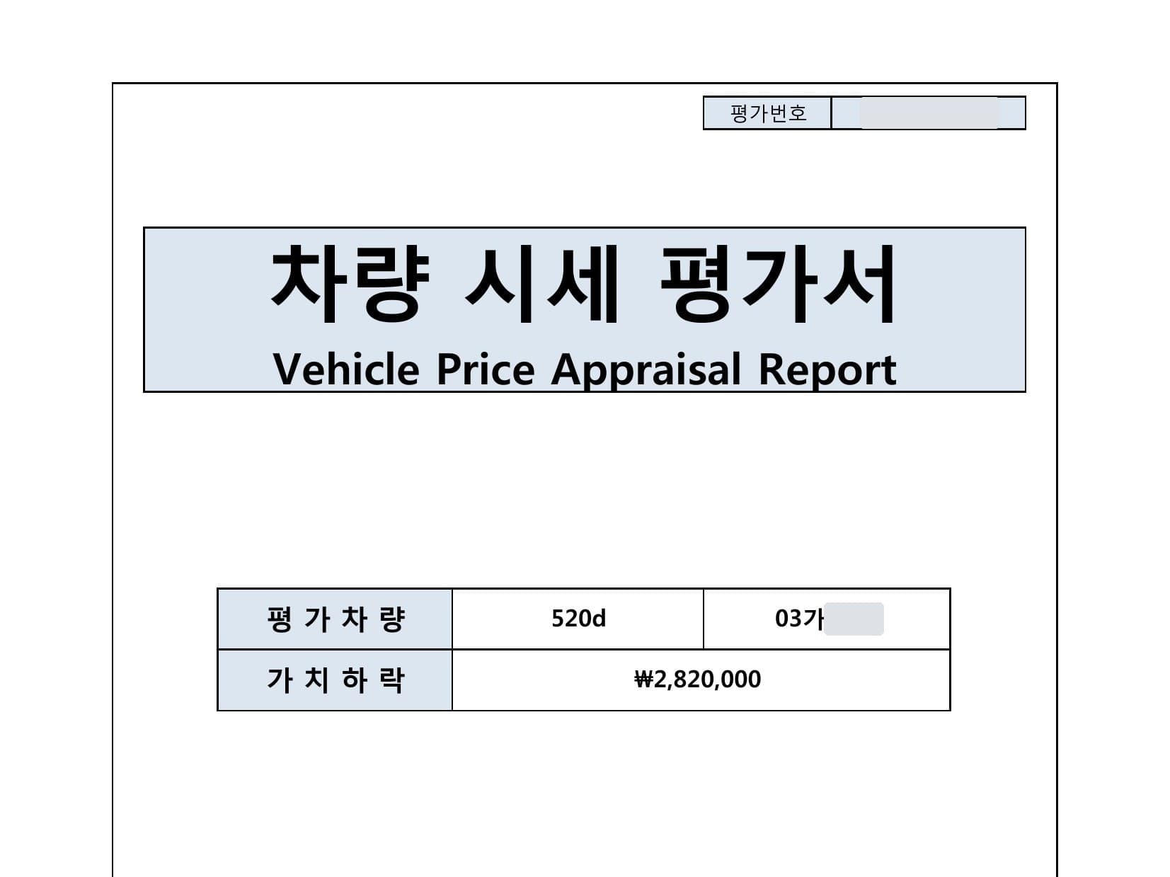 BMW 520d 격락손해 평가 사례, 가치하락 282만원